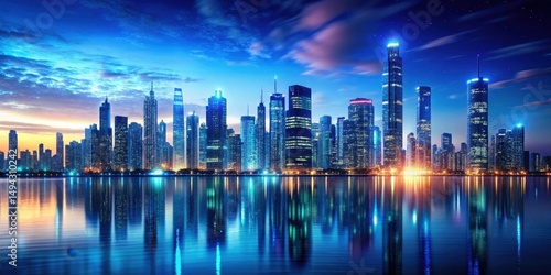 A futuristic cityscape at sunset with sleek skyscrapers and neon lights reflected in a vast, dark blue ocean of code , coding, urban landscape