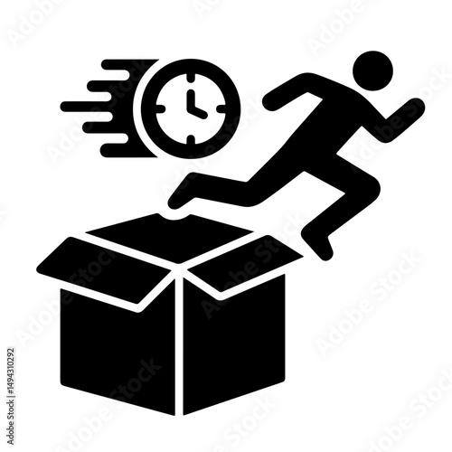 A person running towards an open box with a clock, symbolizing fast delivery.