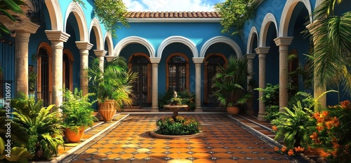 Serene Blue Courtyard Oasis: A Digital Rendering of Tranquil Luxury