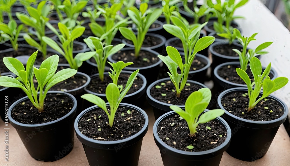 Vibrant Green Seedlings in Black Pots: A Nursery of New Life Vibrant Green Seedlings in Black Pots: A Nursery of New Life