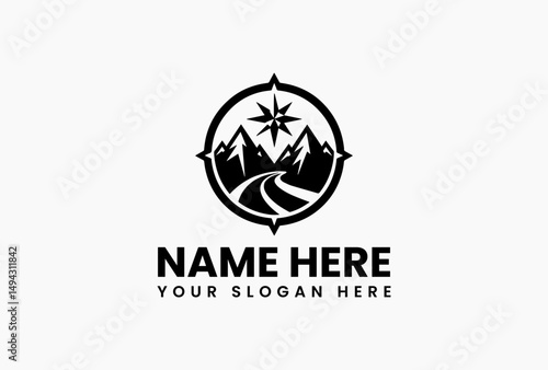 Precision compass logo with intricate mountain range contour inside clean circle. Wayfinding and adventure symbol  