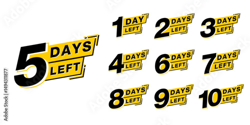 Countdown days left banner. set of number 10-1 days to go badges. countdown icon isolated with yellow ribbon on white background. promotion sale offer deal timer. vector illustration	
