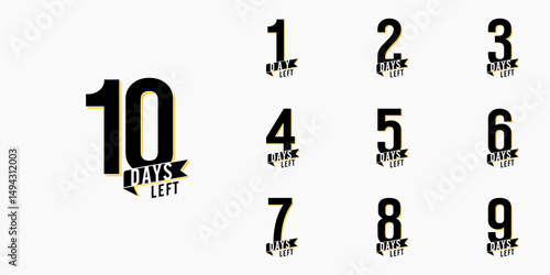 Countdown days left banner. set of number 10-1 days to go badges. countdown icon isolated with ribbon on white background. promotion sale offer deal timer. vector illustration