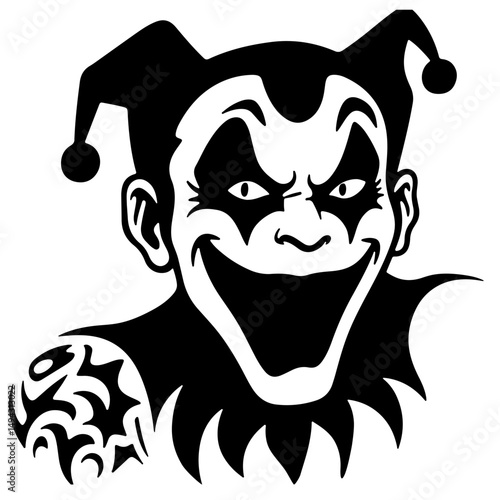 A sinister-looking jester with a tribal tattoo, illustrated in black and white.