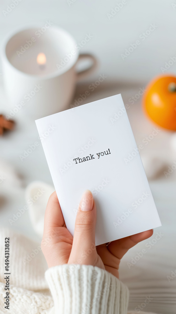 Obraz premium Minimalist Thank You Flyer Design Resting on Rustic Wooden Table With Pastel Decorations and Cozy Ambiance