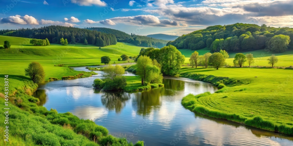 River in green field with trees and hills background, river scene River in green field with trees and hills background, river scene