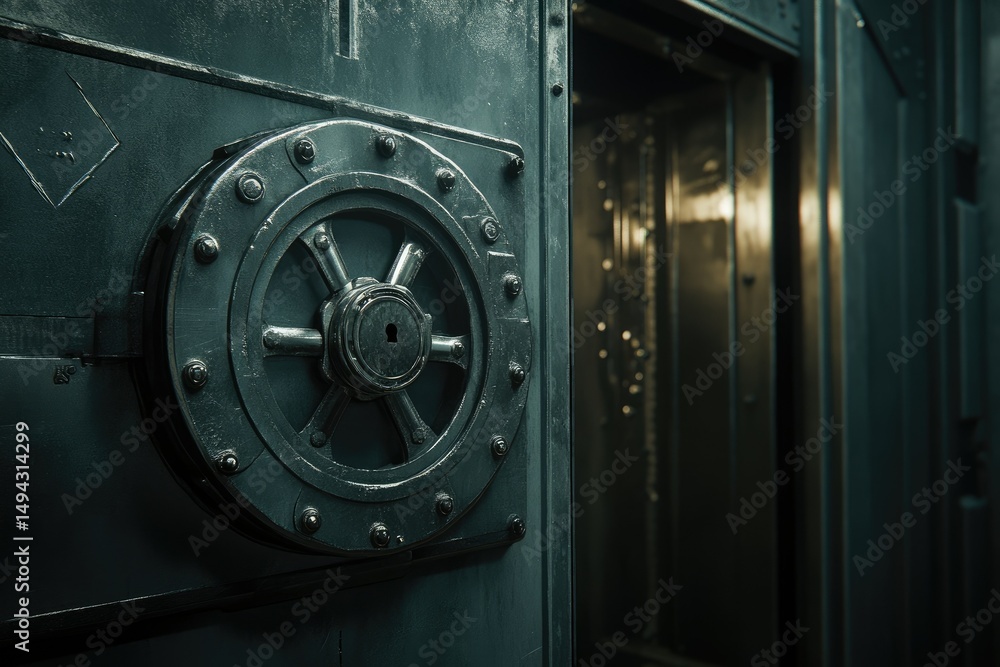 A weathered steel vault door with a large, circular combination lock, slightly ajar, revealing a dimly lit interior A weathered steel vault door with a large, circular combination lock, slightly ajar, revealing a dimly lit interior