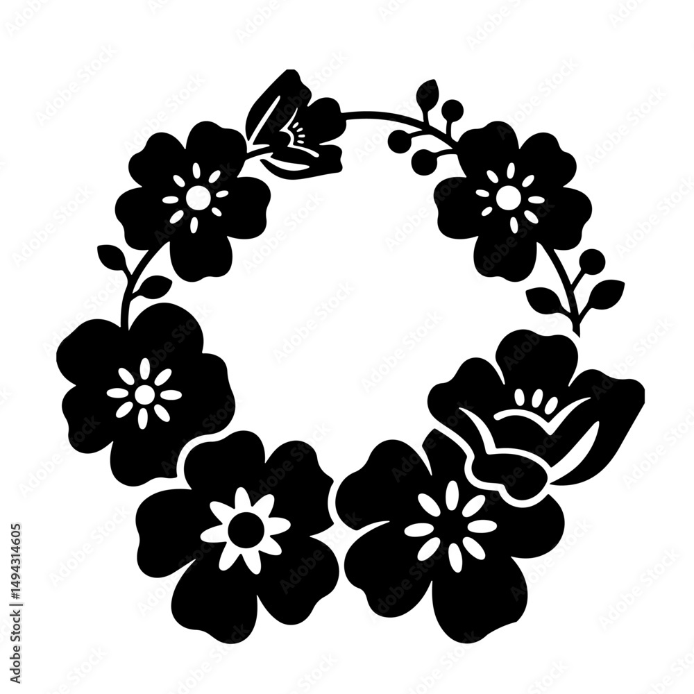 Fototapeta premium A black floral wreath illustration in a simple, stylized design.