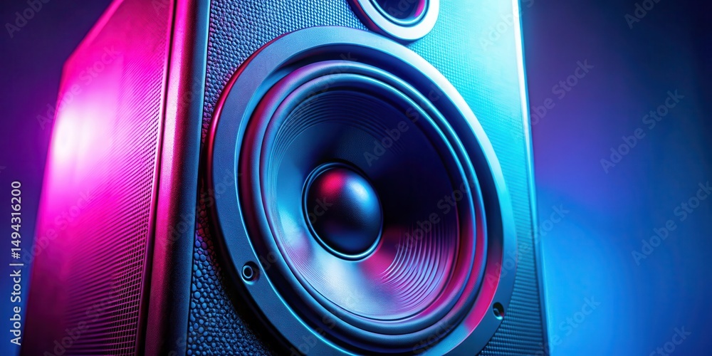 Fototapeta premium High-quality close-up image of a studio monitor speaker with vibrant pink and blue lighting accenting its sleek design and metallic finish, professional recording studio , pink lighting