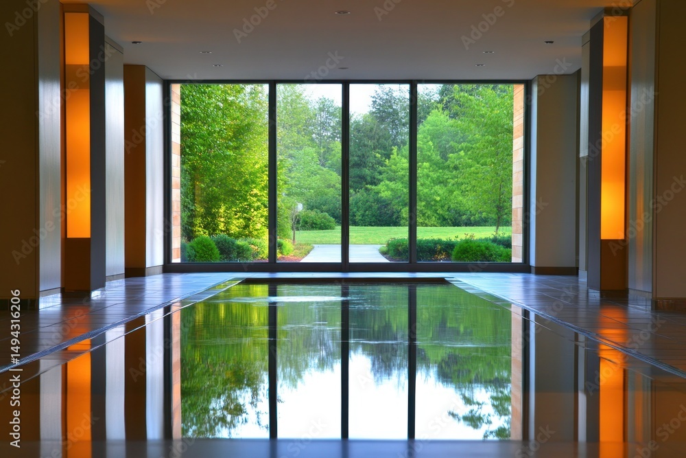 Tranquil Indoor Pool Reflecting Lush Greenery Tranquil Indoor Pool Reflecting Lush Greenery