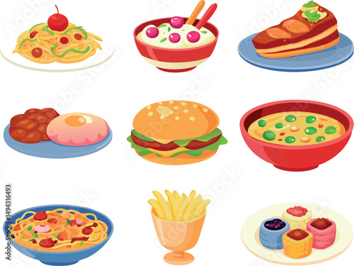 “Illustration of food dishes cut out with no background.