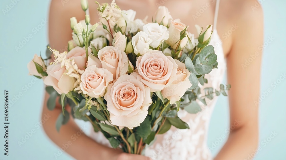 Naklejka premium Beautiful bride holding a delicate bouquet of soft pink and white flowers in a bright, serene setting