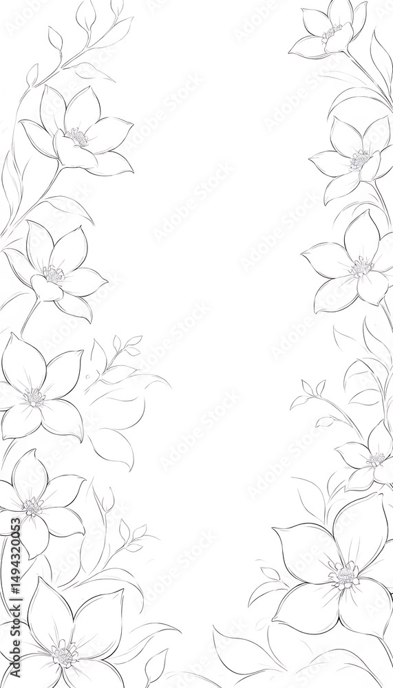 Delicate Floral Line Art Border with Open White Space for Text or Design Delicate Floral Line Art Border with Open White Space for Text or Design