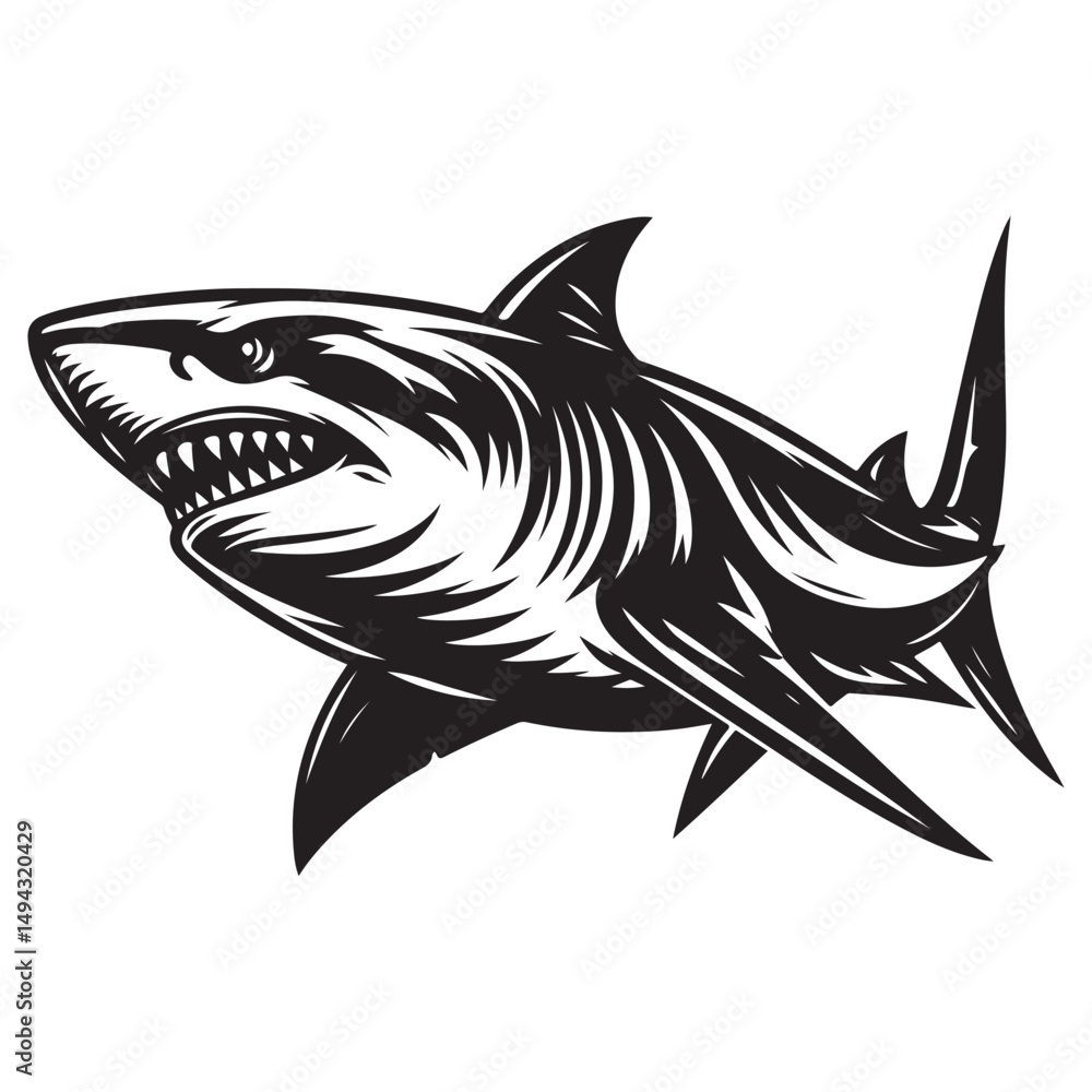 Fototapeta premium Modern Tribal Shark Vector Design – Fierce Black and White Illustration of an Aggressive Ocean Predator with Sharp Lines and Dynamic Motion – Ideal for Tattoo Art, Sports Team Branding, Streetwear Gra
