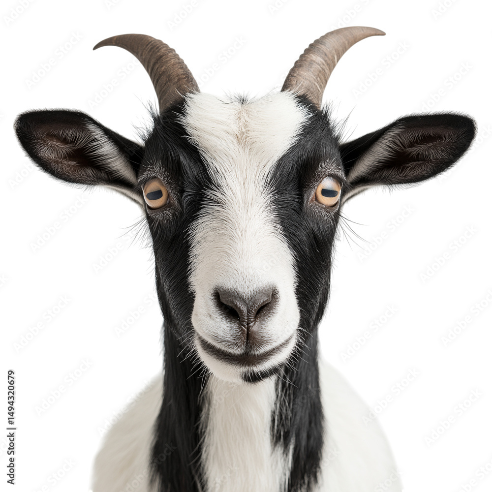 Fototapeta premium Front View of Black-and-White Nubian Goat on Solid White Background, High-Quality Animal Portrait, Perfect for Farming, Agriculture, Wildlife, and Educational Materials