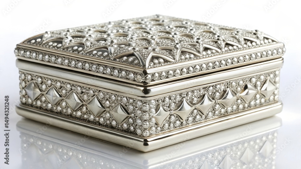 Luxurious silver jewelry box adorned with sparkling diamonds, set against a simple white background, showcasing its elegant design and intricate details , accessories, gift-box Luxurious silver jewelry box adorned with sparkling diamonds, set against a simple white background, showcasing its elegant design and intricate details , accessories, gift-box
