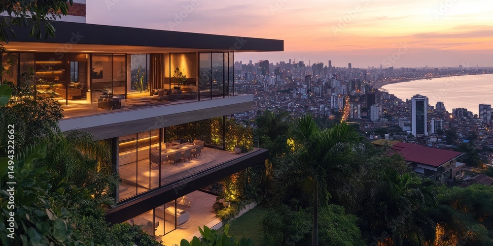 Obraz premium Luxury Hilltop Residence Overlooking Panoramic Cityscape at Sunset