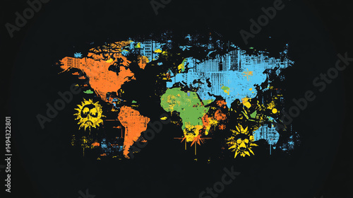 abstract background with blots,world map with colorful splashes