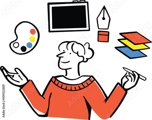 A flat style woman with a stylus, paint palette, and vector layers illustrating visual and character elements.