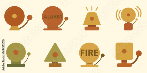 Set of fire and emergency alarm illustrations including triangle and circular bell designs