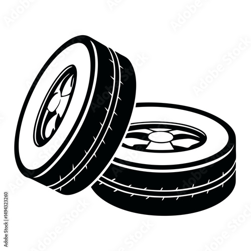 Black and White Vector Illustration of Three Stacked Car Tires with Tread and Alloy Rims