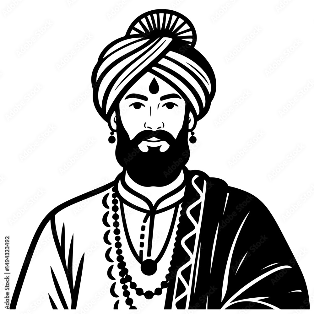 A bearded man in traditional Indian attire, illustrated in a black and white style. A bearded man in traditional Indian attire, illustrated in a black and white style.