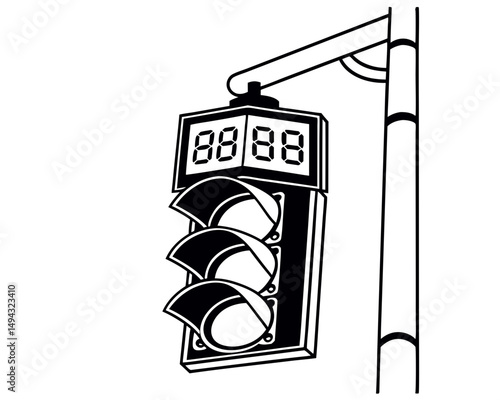 Black and White Vector Illustration of Traffic Light with Digital Countdown Timer on Pole
