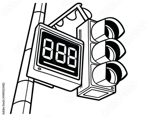 Black and White Vector Illustration of Traffic Light with Digital Countdown Timer on Pole