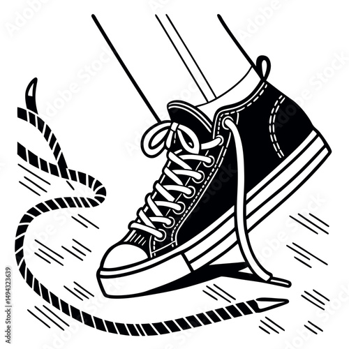 Black and White Vector Silhouette of a Casual Sneaker or Athletic Shoe with Laces