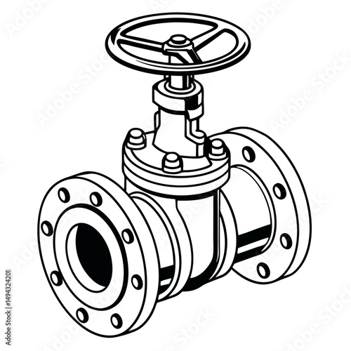 Black and White Isometric Vector Illustration of an Industrial Gate Valve