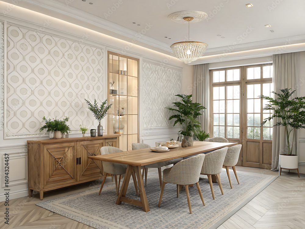 Fototapeta premium A wooden dining table with six chairs set against a stark black background in a studio setting