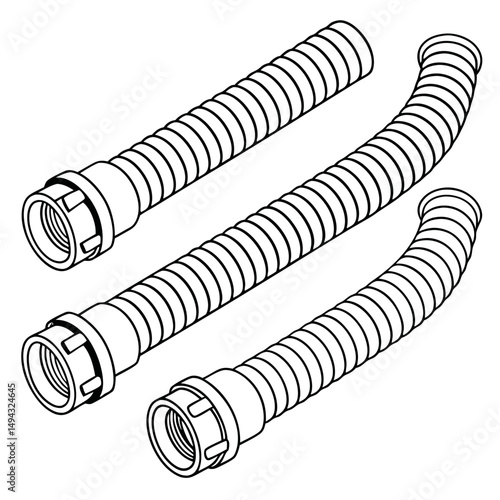 Black and White Vector Illustration of Coiled Flexible Industrial Hoses or Ducts