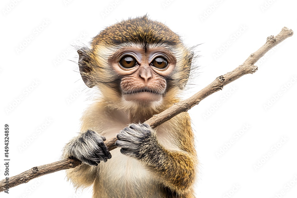 A close up shot of a baby monkey holding a small branch against a white background in a studio shot A close up shot of a baby monkey holding a small branch against a white background in a studio shot