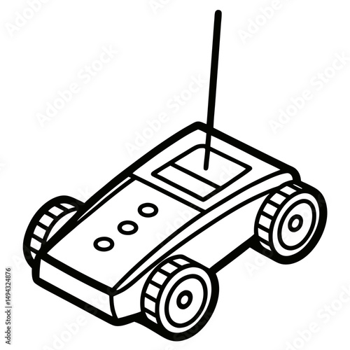 Isometric Vector Illustration of a Remote Controlled Toy Car with Antenna in Black and White