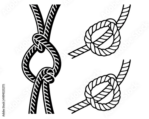 Black and White Vector Illustration of Three Vertical Rope Knots in Different Styles