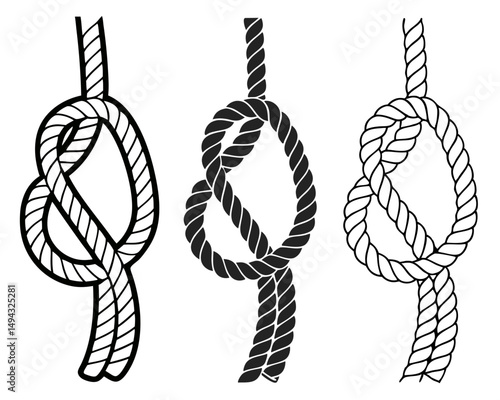 Black and White Vector Illustration of Three Vertical Rope Knots in Different Styles