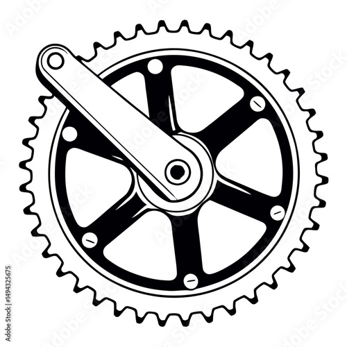 Vector Illustration of Bicycle Crankset and Gear in Black and White Silhouette Style