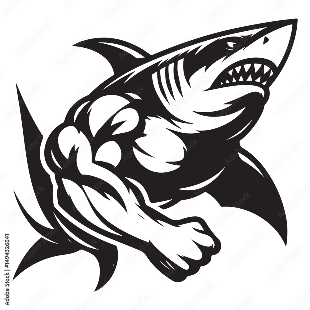 Fototapeta premium Aggressive Muscular Shark Mascot Illustration – Black and White Vector Art for Sports or Branding
