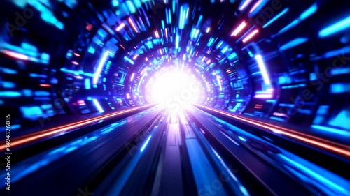 A futuristic tunnel with glowing blue and silver patterns leading to a bright light