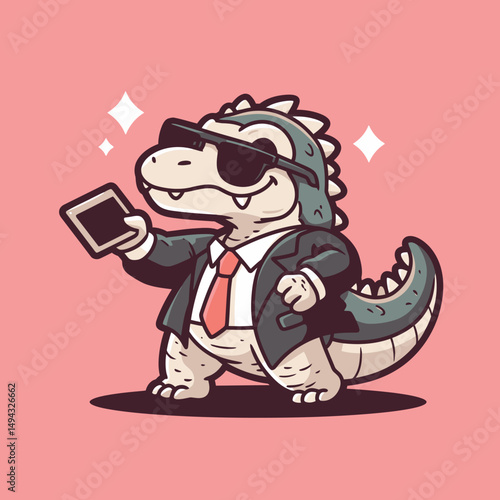 Cool Dinosaur Businessman Taking Selfie with Phone
