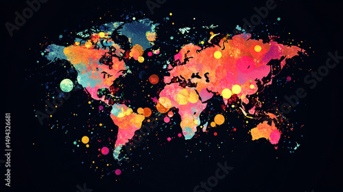 abstract background with blots,world map with colorful splashes