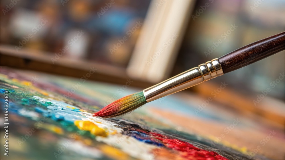 Fototapeta premium A paintbrush adds vibrant colors to a textured canvas, capturing the creative process of making art.