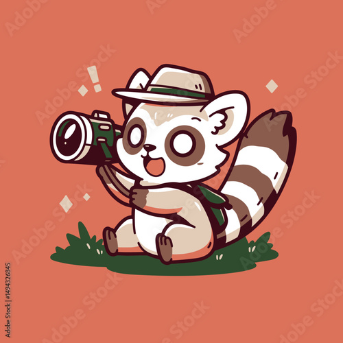 Raccoon Photographer with Camera in Nature Grass
