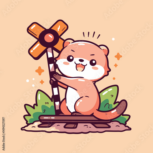 Otter at Railroad Crossing Holding Warning Sign