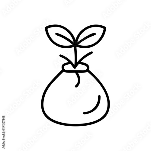 Minimal beanbag and plant line icon, black on white, school sensory space symbol
