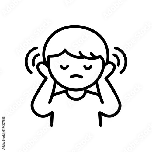 Child with hands on ears icon in black line art, sensory overload reaction symbol