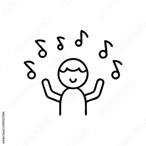 Child with floating music notes icon in outline style, sensory joy and audio therapy