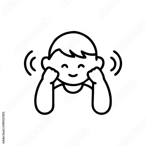 Smiling child icon with hands raised to ears, sensory response illustration, line style
