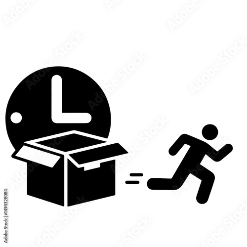 A person running towards an open box emerging from a clock, illustrated in a minimalist black and white style.