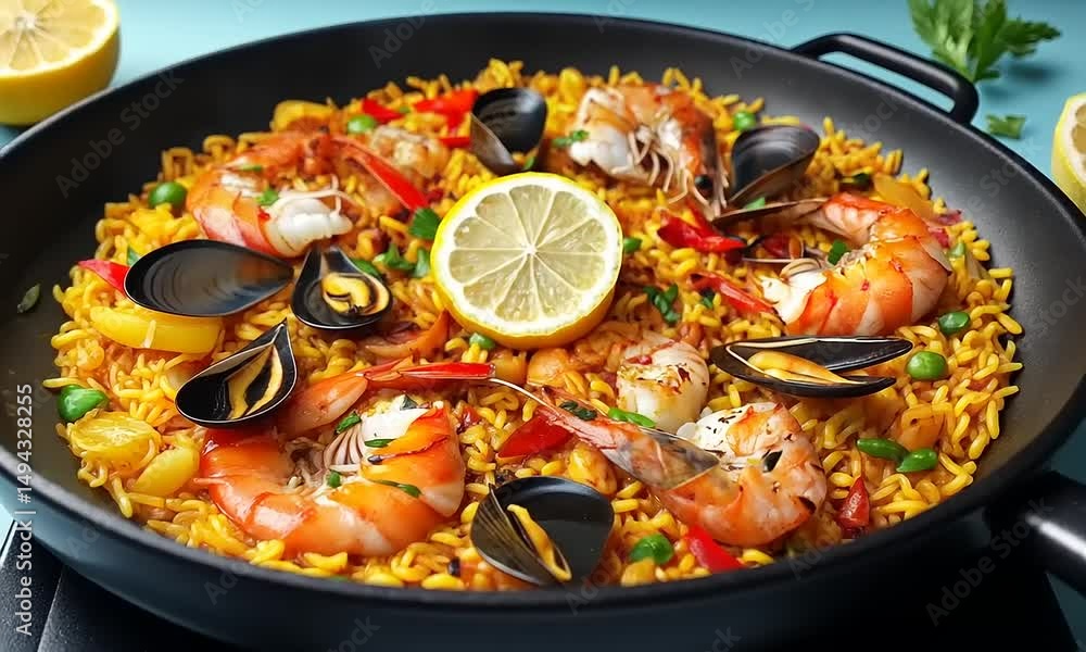 A flavorful seafood paella with rice, shrimp, mussels, and lemon A flavorful seafood paella with rice, shrimp, mussels, and lemon